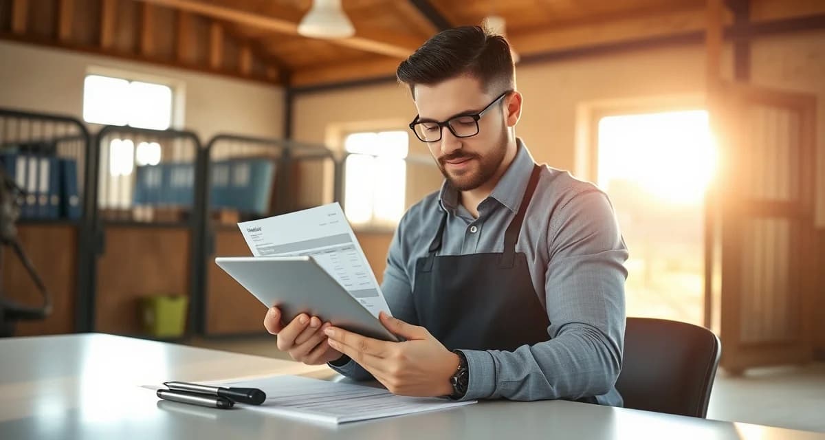Barn manager organizing horse boarding agreements and invoices to prevent chargebacks and billing disputes