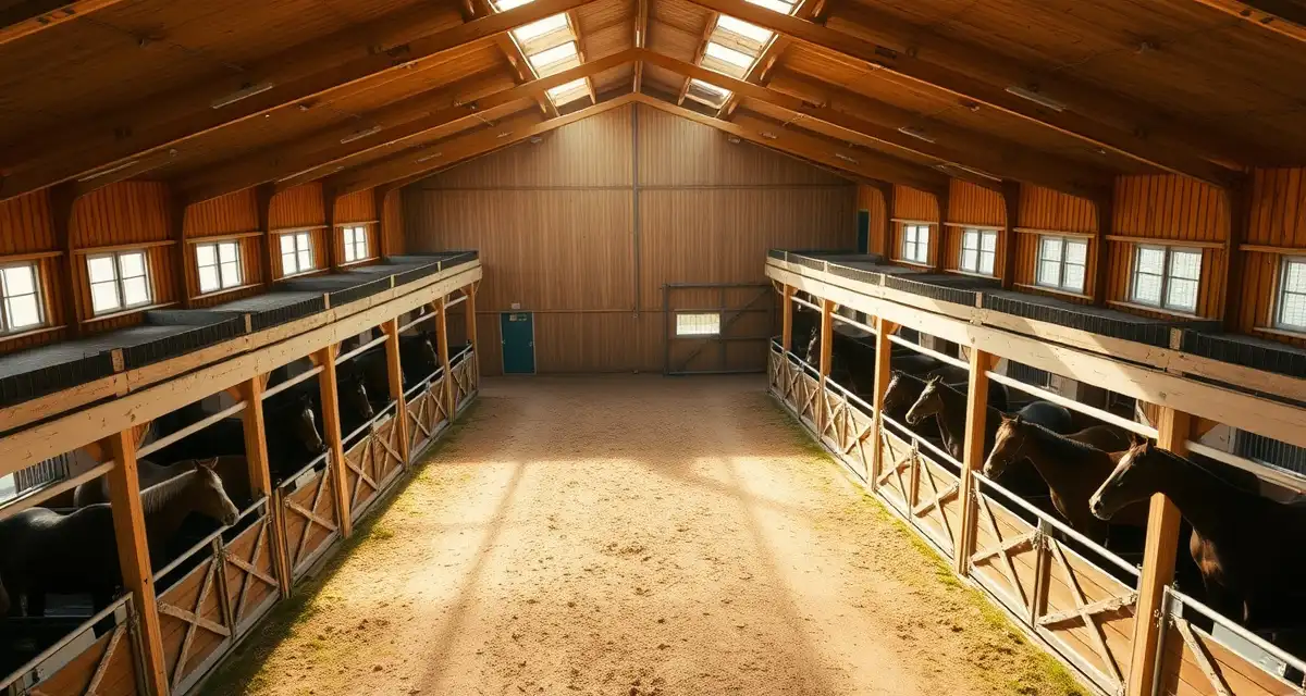 Well-maintained horse barn facility showing multiple stalls and paddocks representing different boarding cost levels in the US.