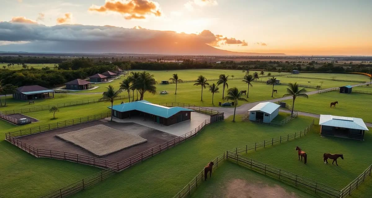 Professional horse boarding facility in Hawaii with multiple paddocks, stables, and horses grazing in pasture with volcanic landscape backdrop