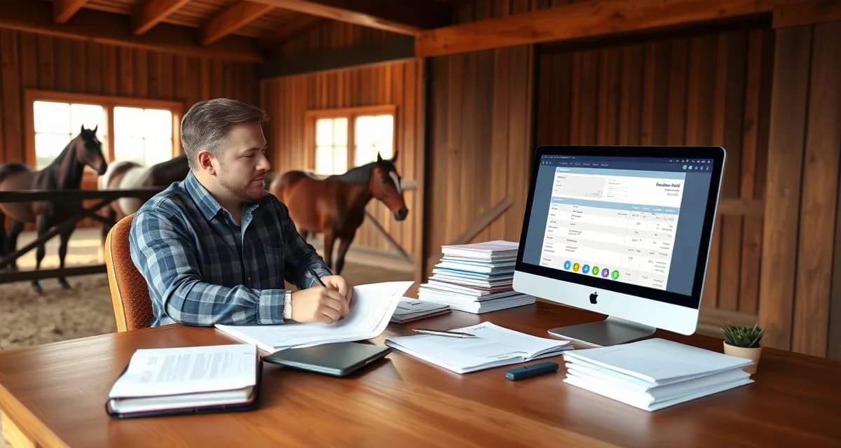 Horse barn manager reviewing late payment invoices and boarding account records at desk with organized documentation system