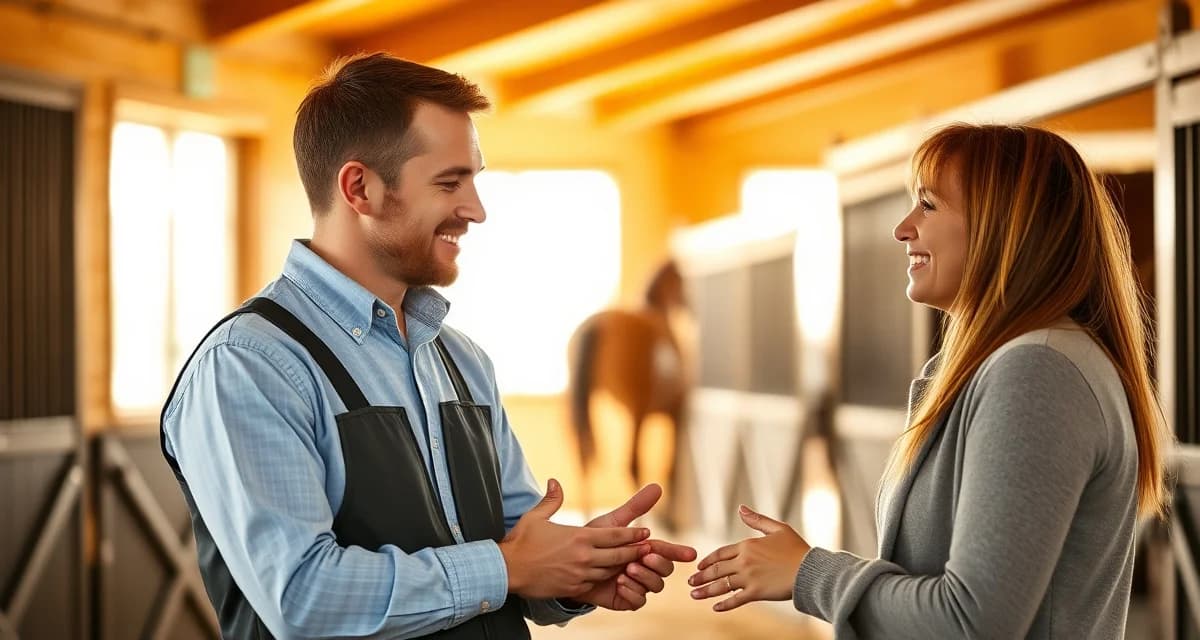 Horse barn manager discussing care expectations with boarding owner at stable facility during intake conversation.