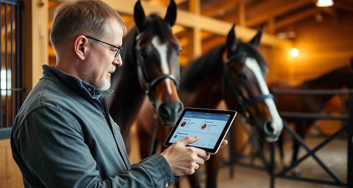 Horse boarding owner portal interface displayed on tablet in stable, enabling real-time visibility and communication between barn operators and horse owners