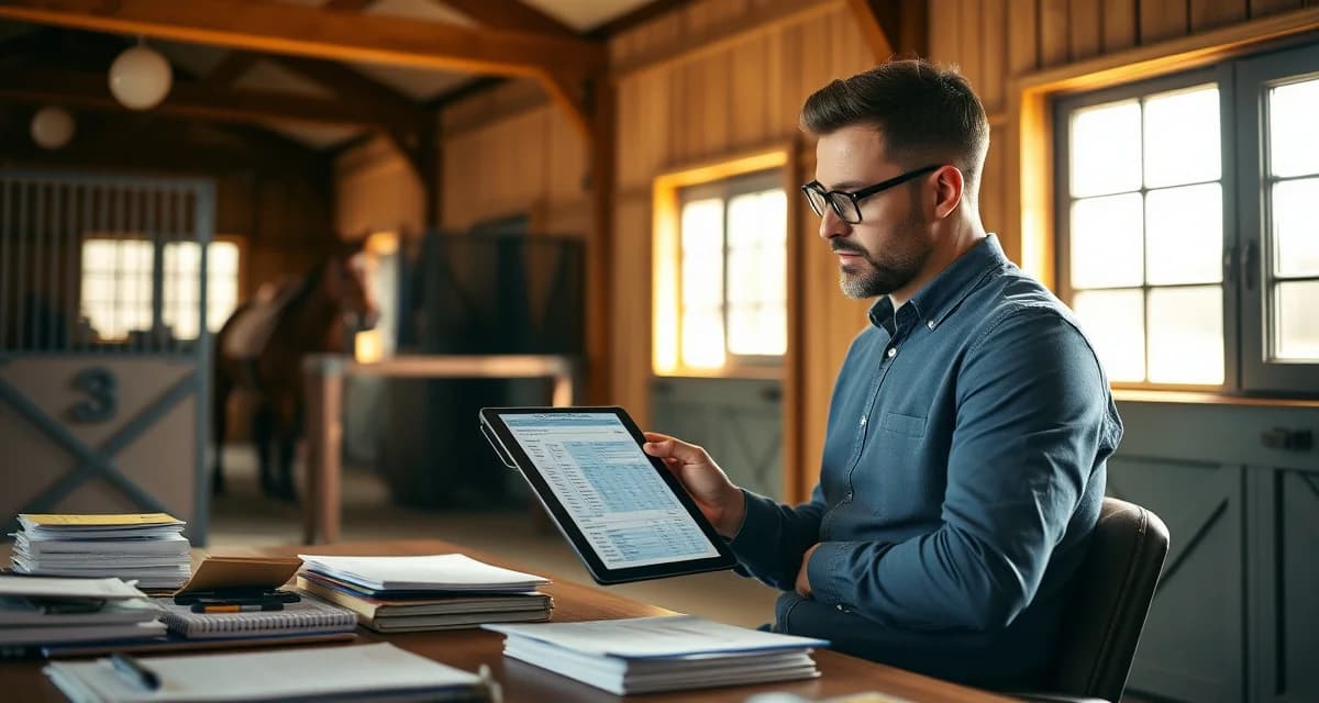 Horse boarding barn manager tracking payments and invoices using organized billing system for multi-horse accounts