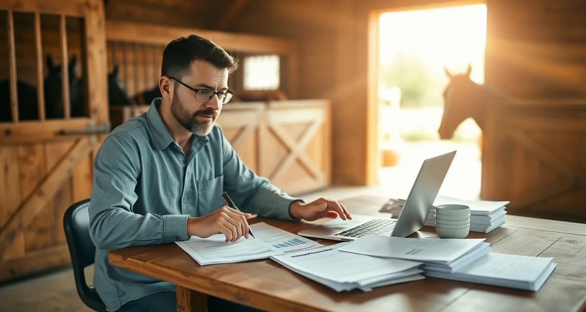 Barn manager calculating horse boarding rates using pricing framework and cost analysis on laptop