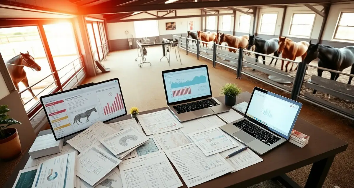 Organized breeding farm office with mare records, stallion management documents, and farm management software dashboard displayed on laptop