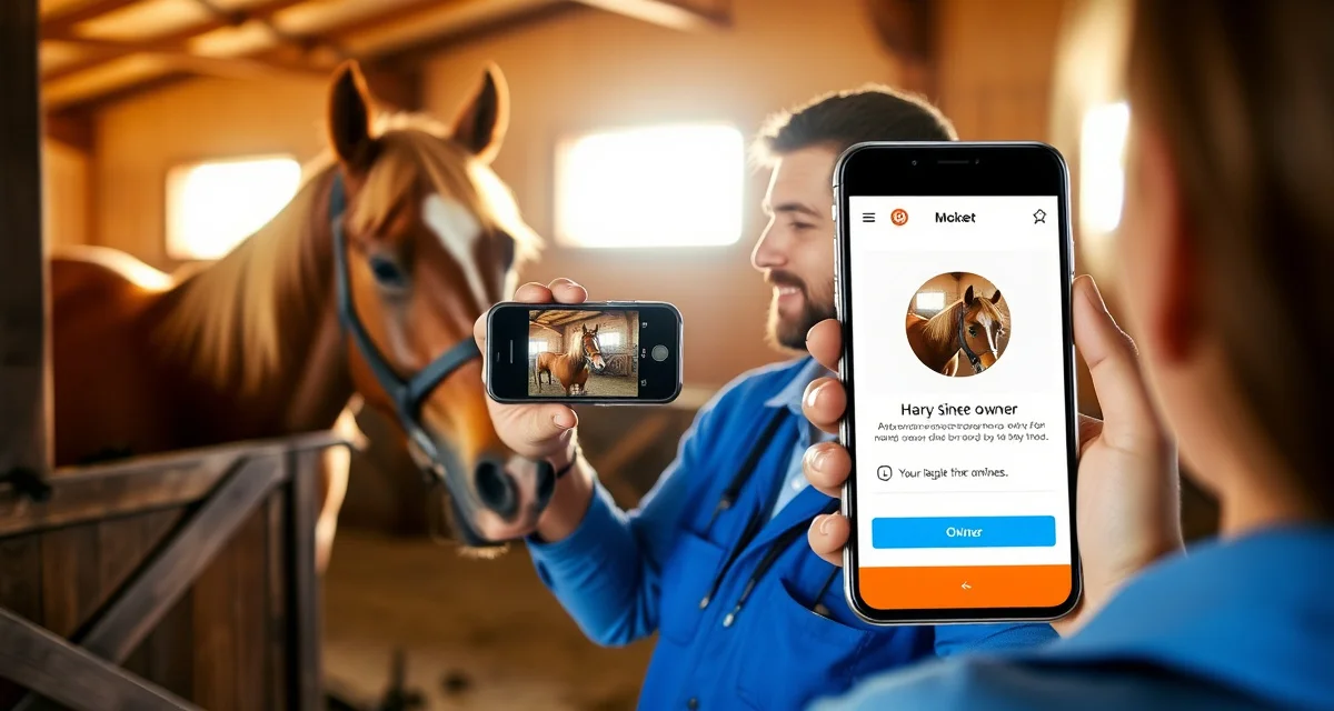 Barn manager taking horse care photo updates on smartphone to share with boarding owners for enhanced communication