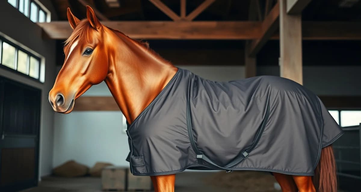 Horse wearing properly fitted winter blanket in barn stable, demonstrating correct blanketing for clipped coat types.