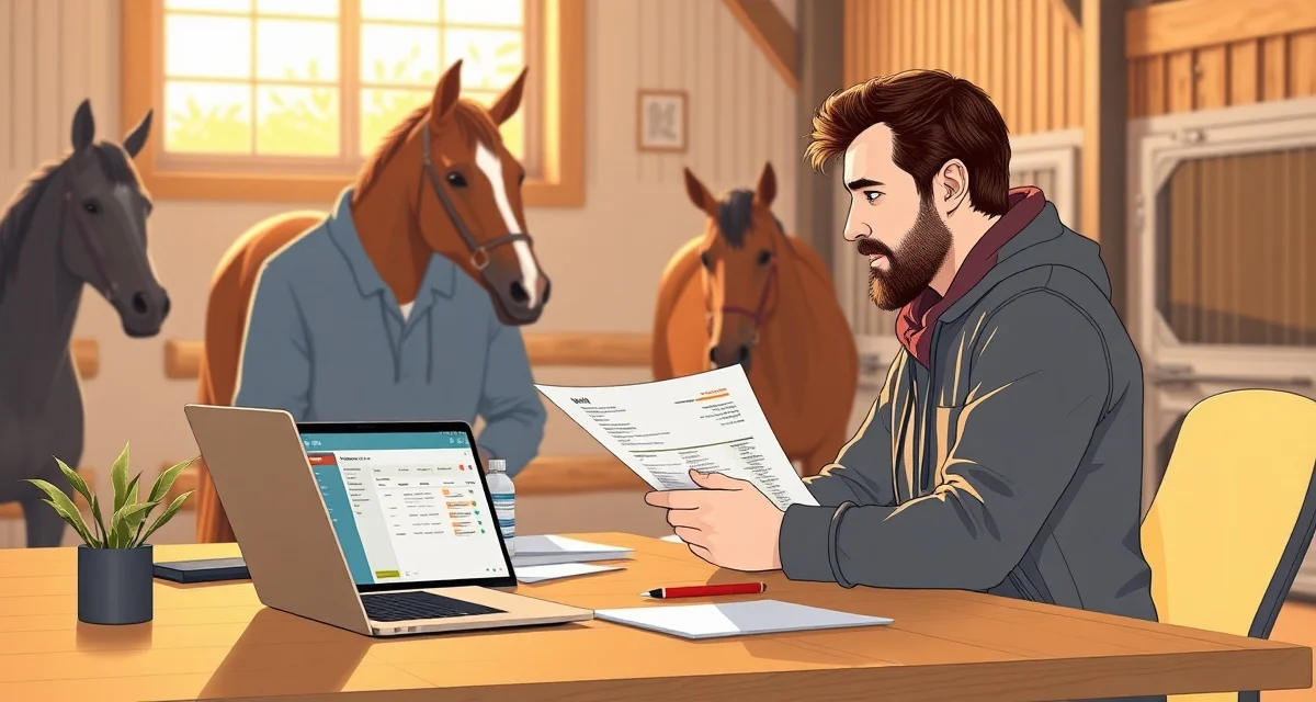 Two horse owners reviewing multi-owner billing records and co-ownership agreements in a professional barn office setting with management software visible.