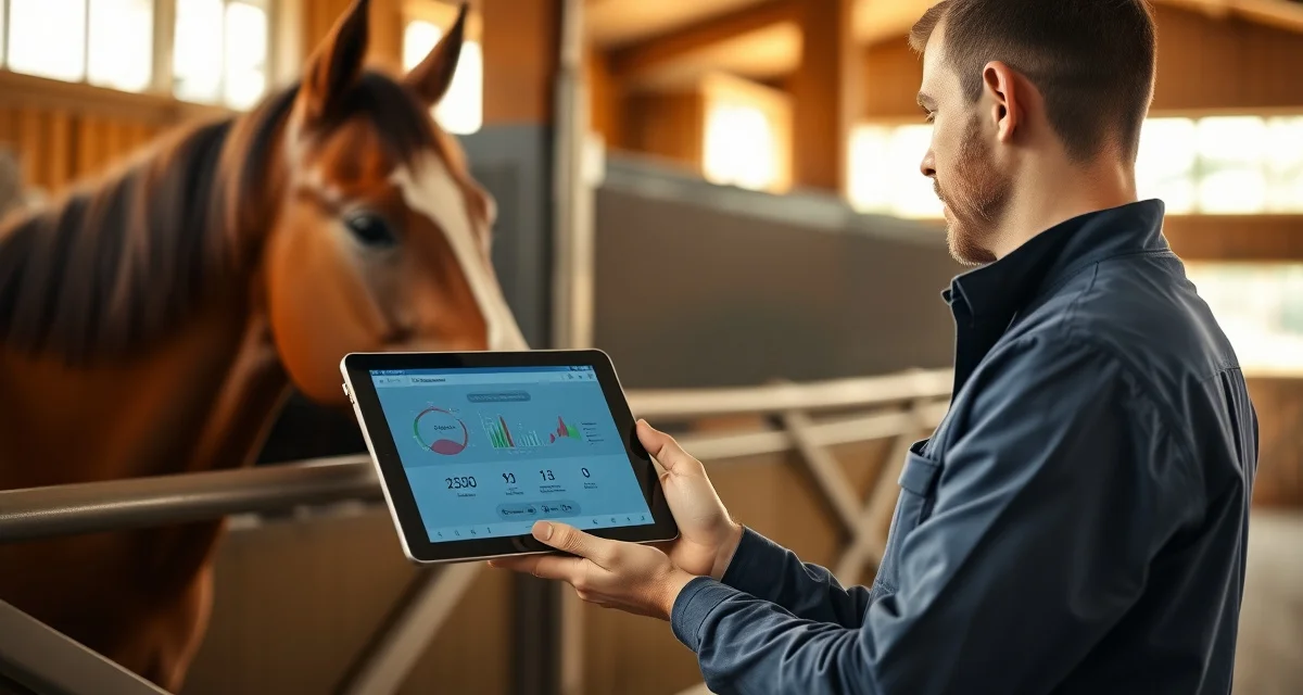 Barn manager using digital health monitoring software to track horse colic prevention metrics on tablet in stable.