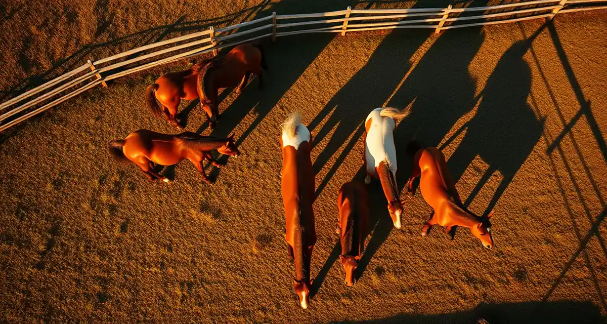 Horses grazing peacefully together in a boarding barn pasture with proper compatibility tracking systems in place