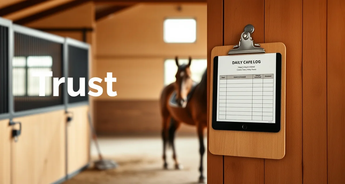 Digital daily care log clipboard for horse barn management showing feed, medication, and health tracking records in a professional stable environment.