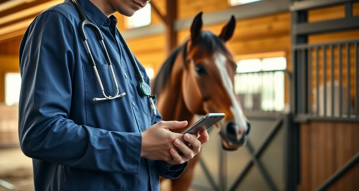 Stable manager sending emergency owner notification about horse health crisis via mobile device in barn setting