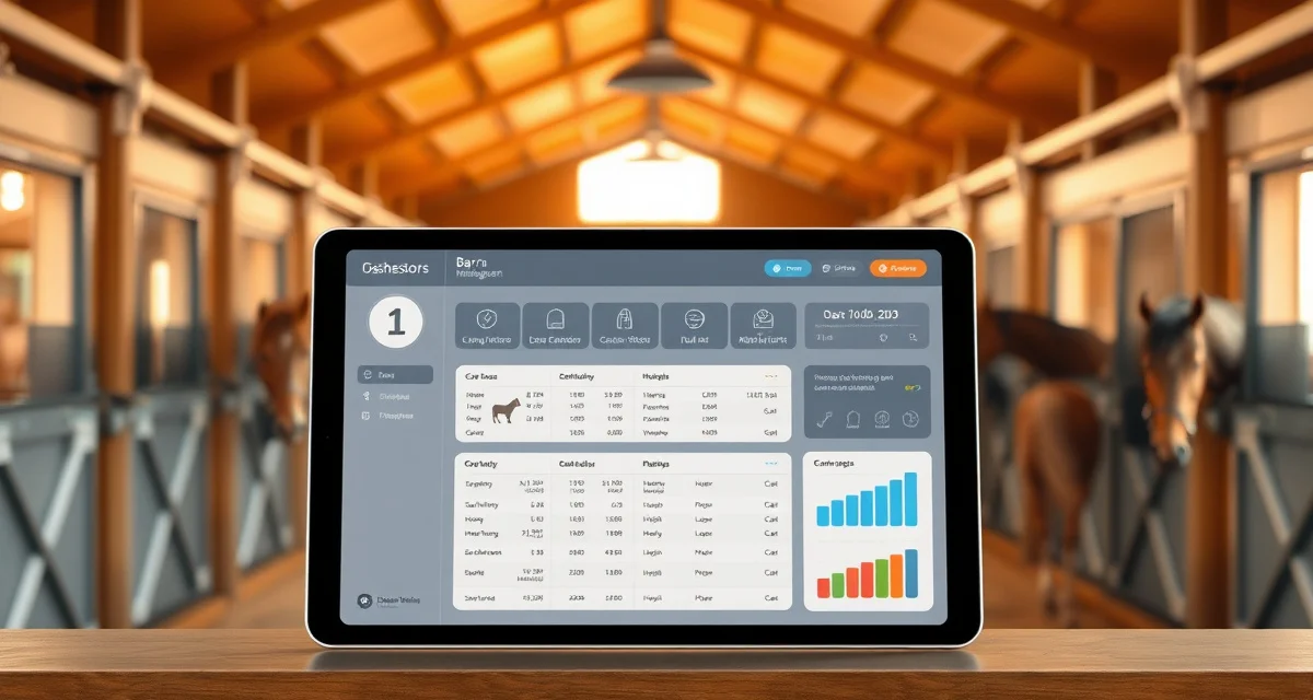 Horse farm management software dashboard displaying horse records, care schedules, and boarding management on tablet device