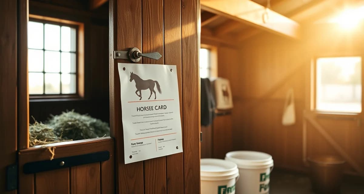 Organized horse feed card template mounted on stable stall door with grain rations and supplement schedule clearly visible for barn staff safety