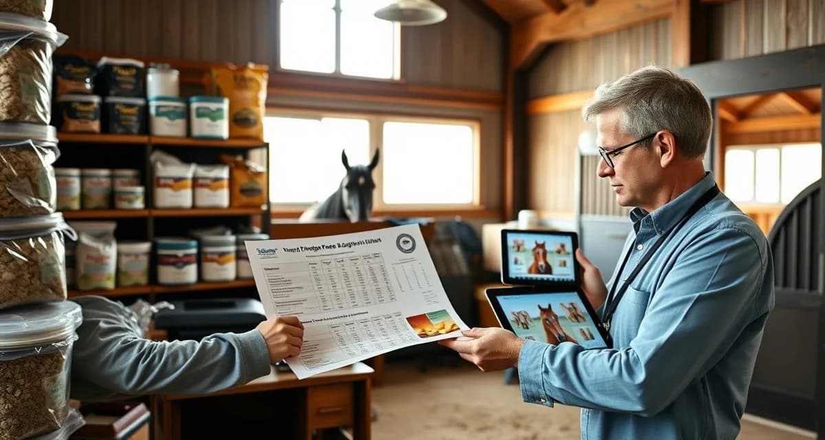 Equine nutrition specialist organizing customized feeding protocols for different horse types in barn management system