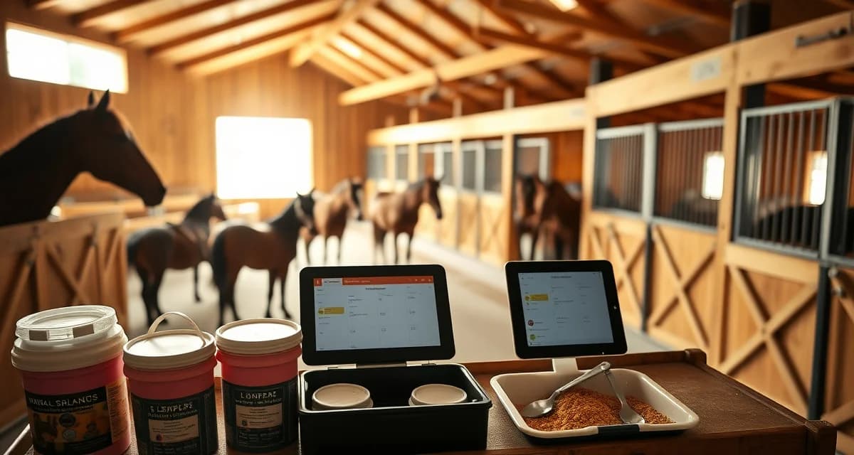 Organized horse feeding schedule system for 50 horses with color-coded feed buckets and digital management tablet in barn