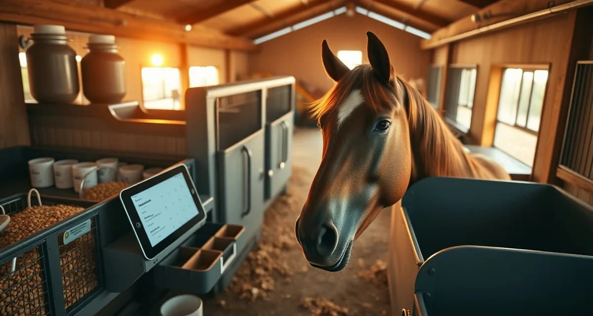 Horse feeding software dashboard on tablet reducing feeding errors and colic risk in modern barn management system