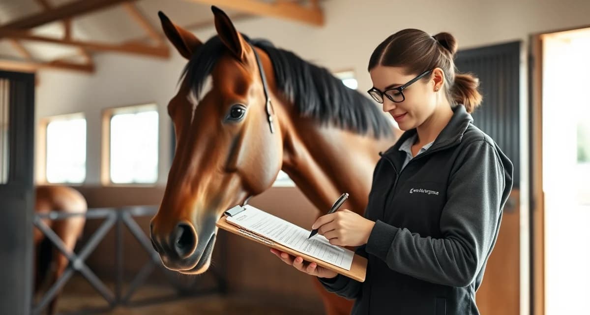 Stable manager recording daily horse health logs with clipboard in organized barn setting