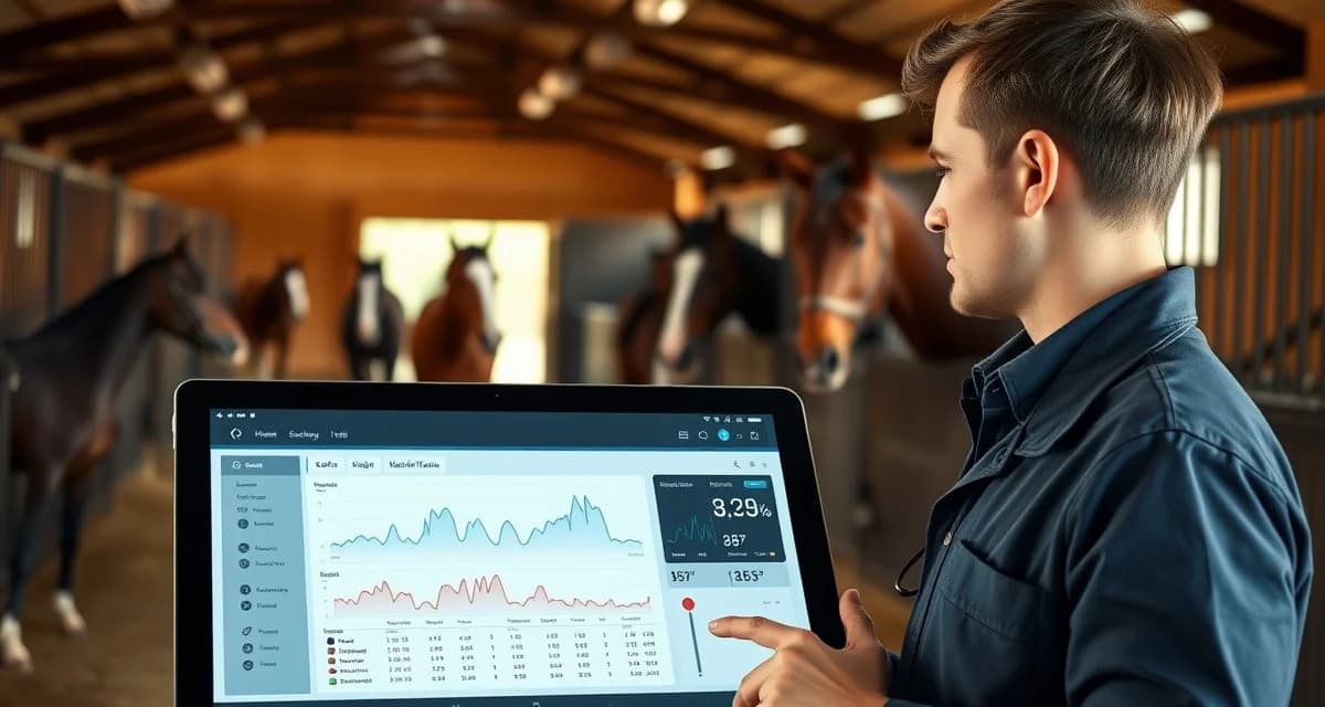 Boarding barn manager using AI health monitoring software to track multiple horses' vital signs and wellness metrics in real-time.