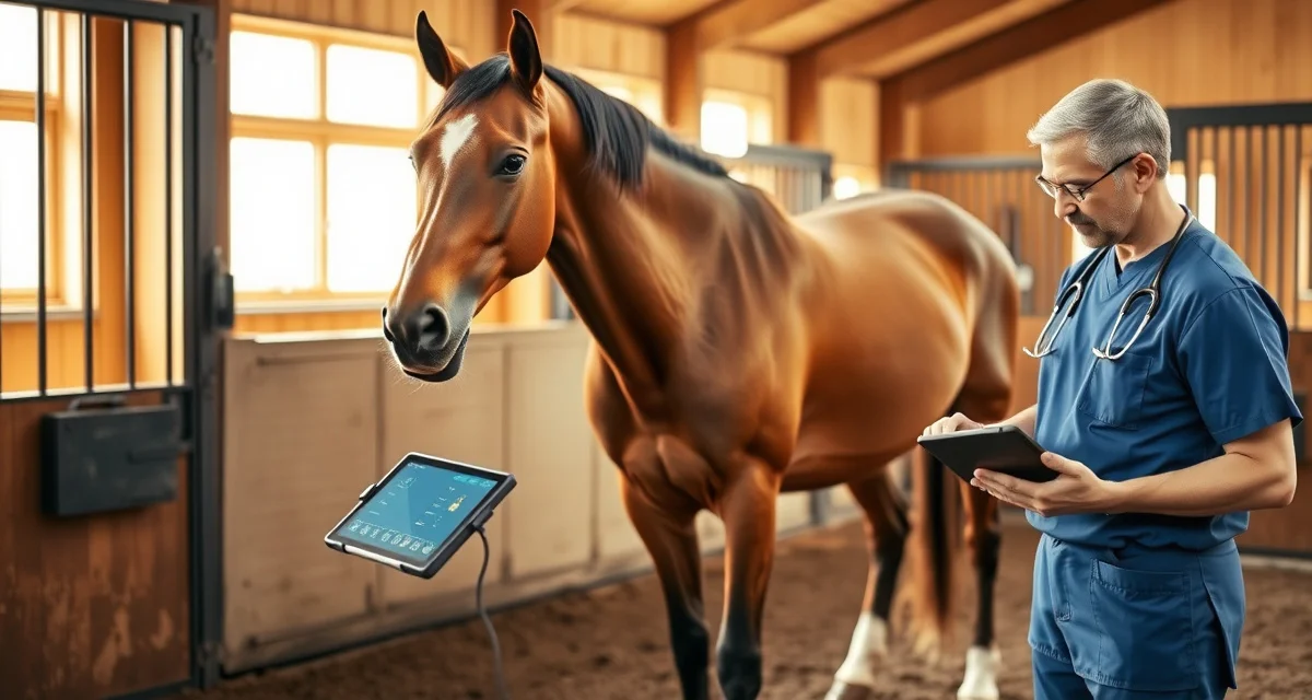 Veterinarian monitoring horse health vitals in breeding barn using AI detection technology and digital tracking systems
