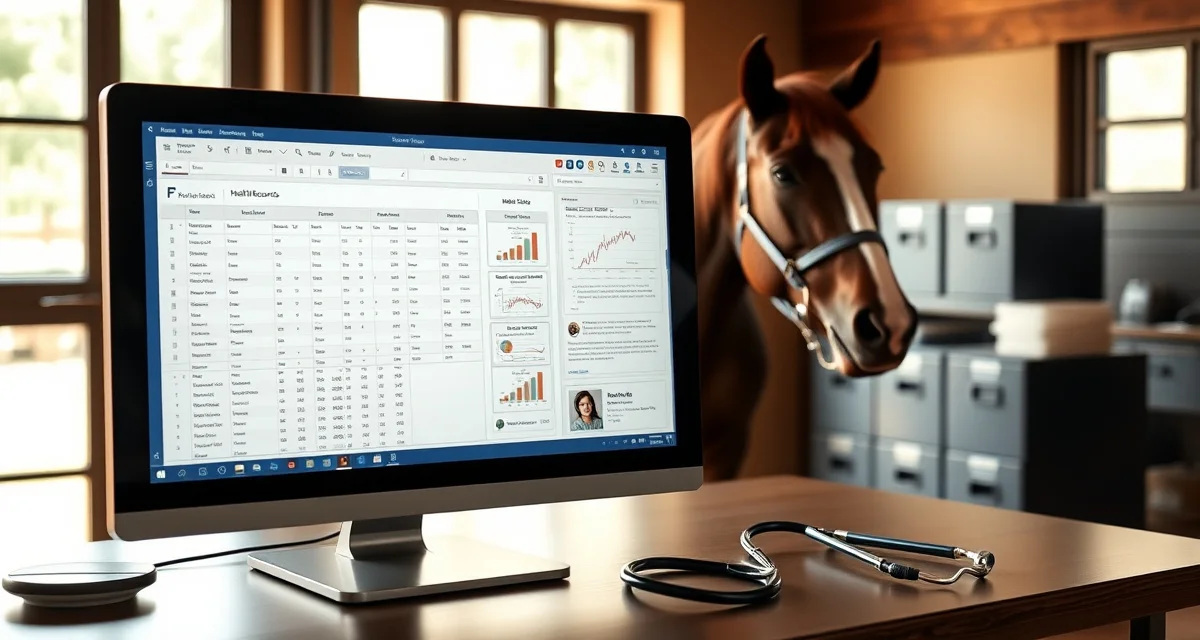 Digital health record tracking system for horses displayed on tablet and computer screen in veterinary office setting with organized medical records.
