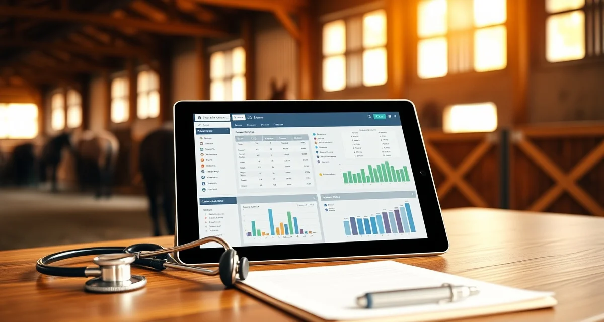 Digital horse health tracking system displaying organized veterinary records and health data on a tablet in a professional barn setting.