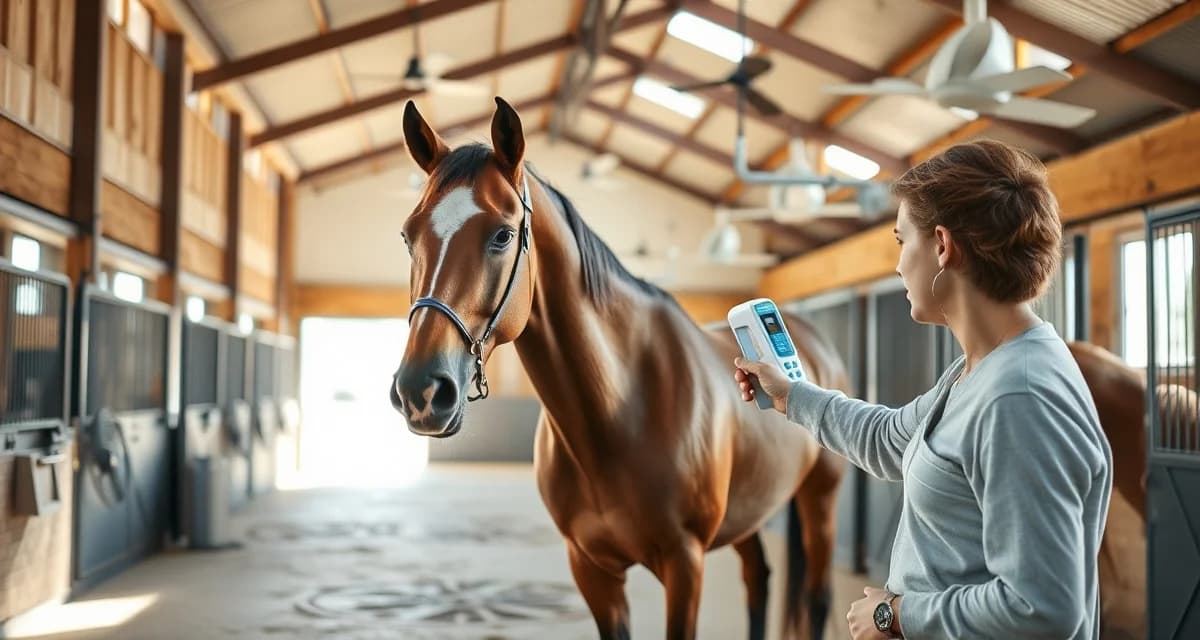 Barn manager monitoring horse health during heat stress event with cooling protocols and hydration management in stable