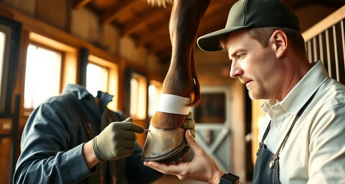 Farrier performing hoof care assessment on horse in professional barn setting with tracking documentation