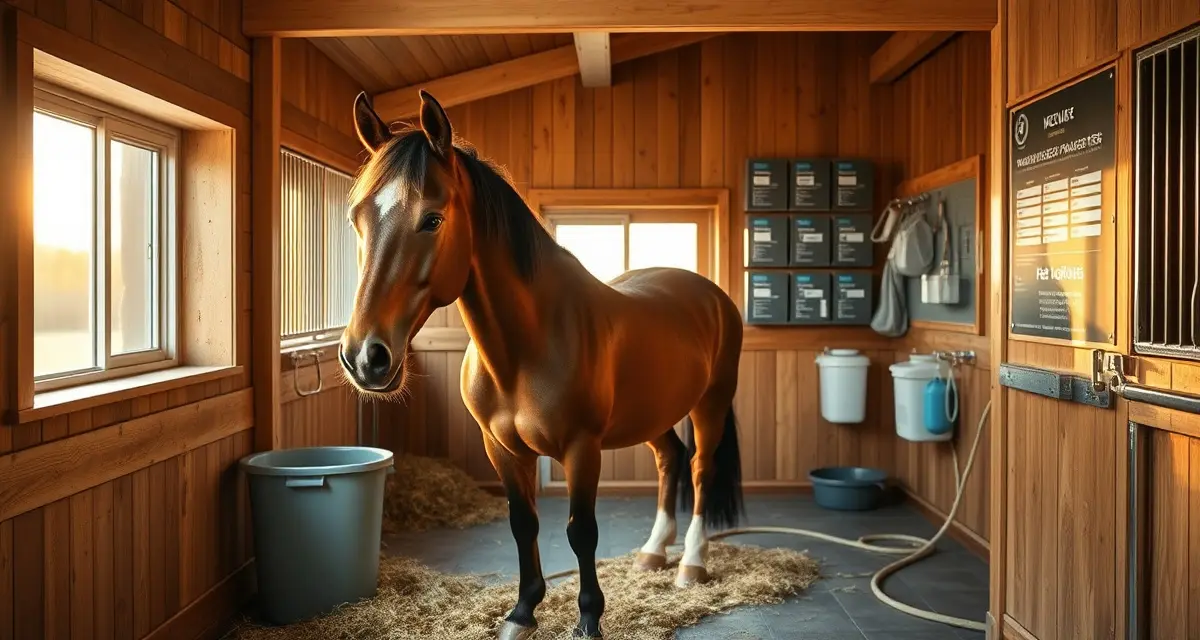 Organized horse layup barn stall with individual feed profiles, supplements, and recovery nutrition management system for post-surgical equine care.
