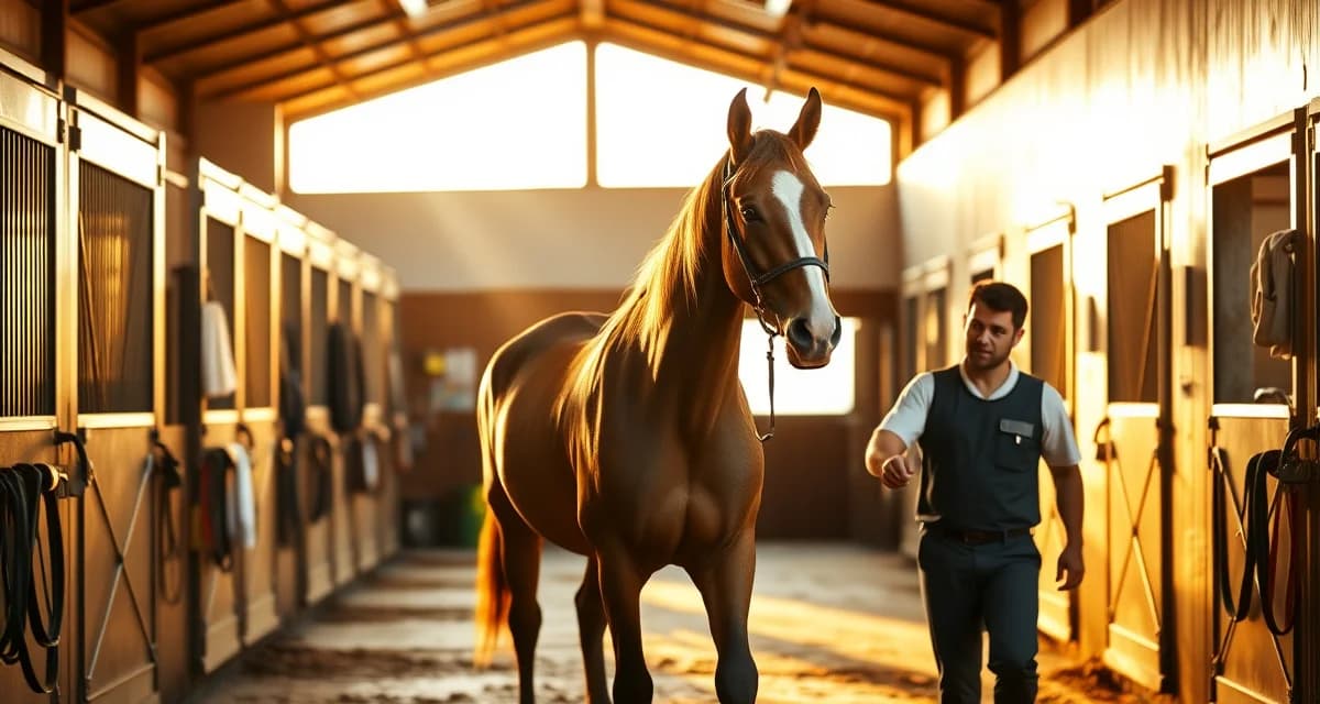 Professional horse layup barn facility showing organized stalls and specialized care equipment for equine rehabilitation and recovery.