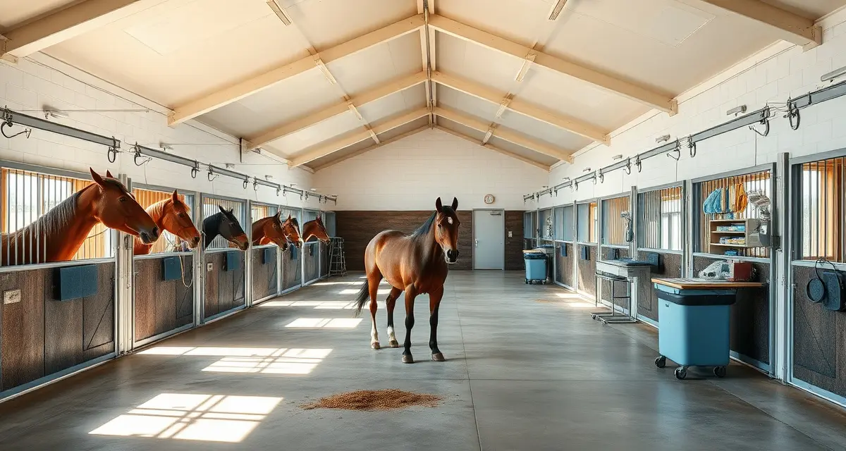 Organized horse layup facility with individual recovery stalls designed for equine rehabilitation and specialized barn management