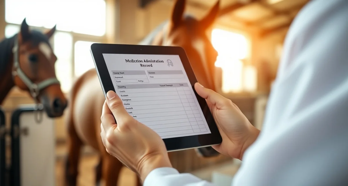 Digital medication administration record displayed on tablet for tracking horse medications, doses, and administration details.