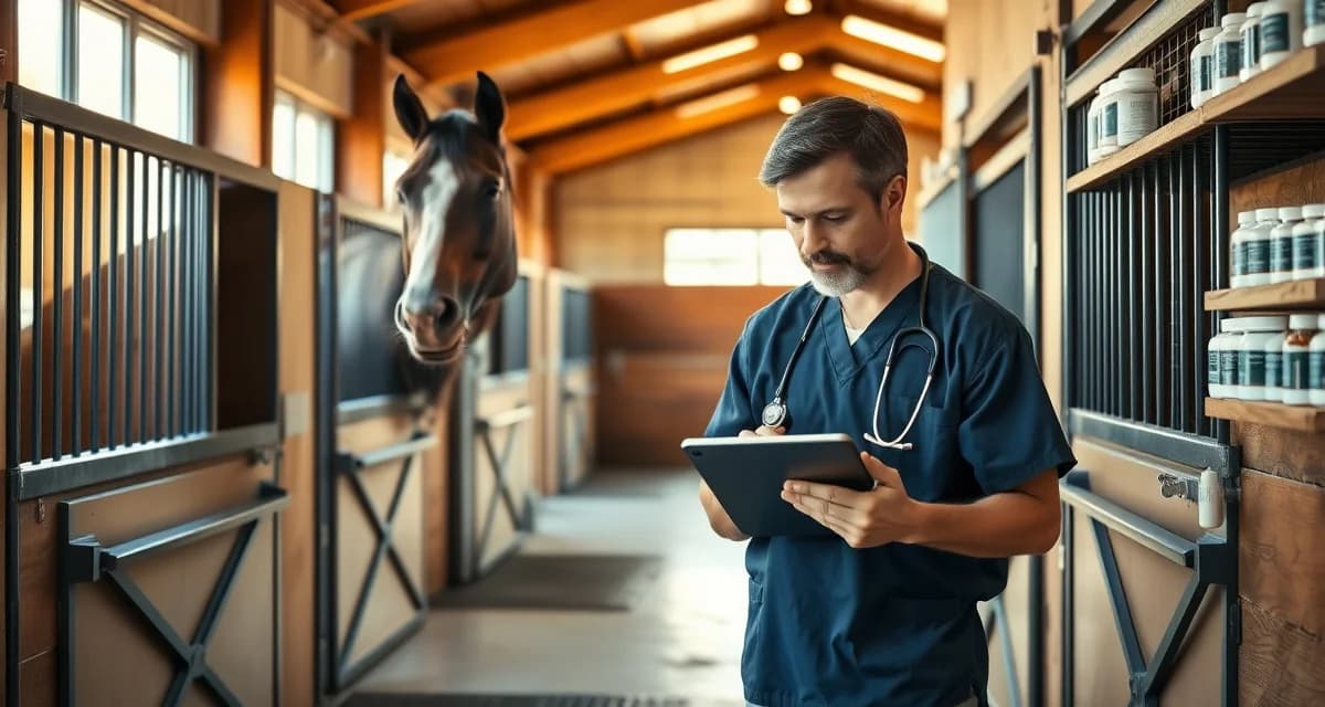 Veterinarian using digital medication reminder app on tablet in horse barn stable for accurate equine care