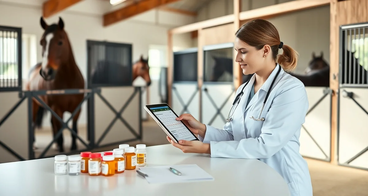 Barn manager using horse medication schedule builder software to track treatment plans and prevent medication errors in equine care.