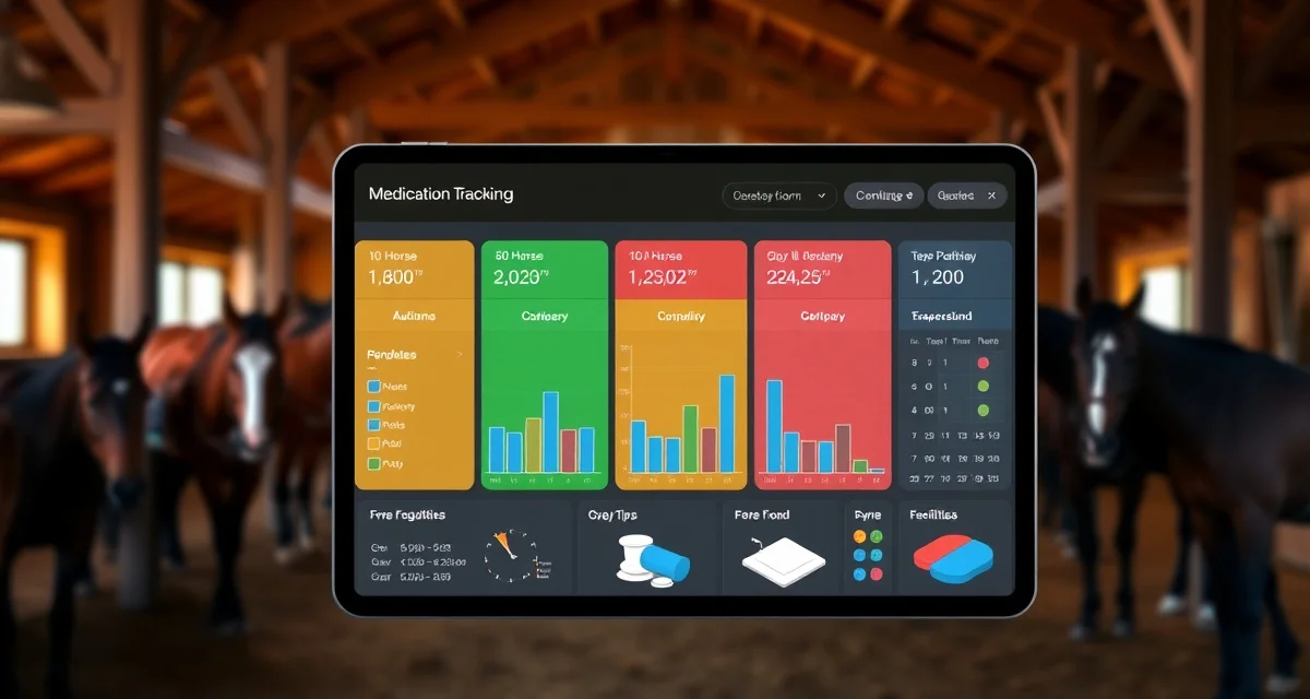 Horse medication tracking software dashboard scaled for barns with 10 to 200 horses, showing tiered management protocols.