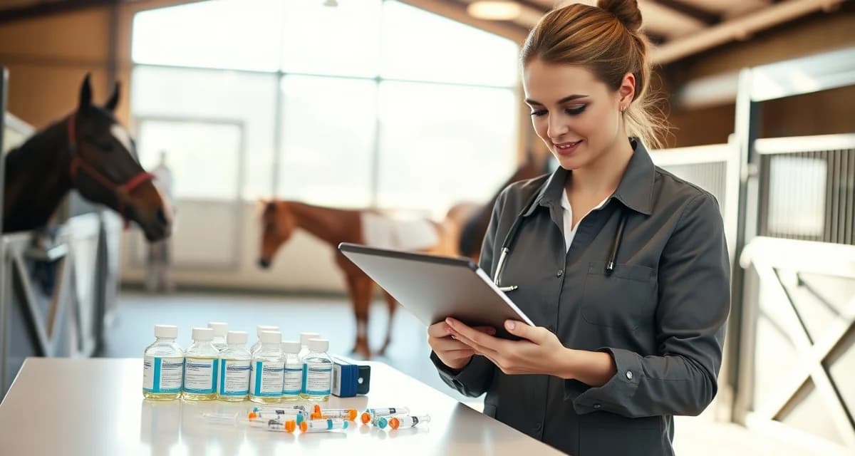 Barn manager using horse medication tracking software on tablet to manage equine health records and medication schedules