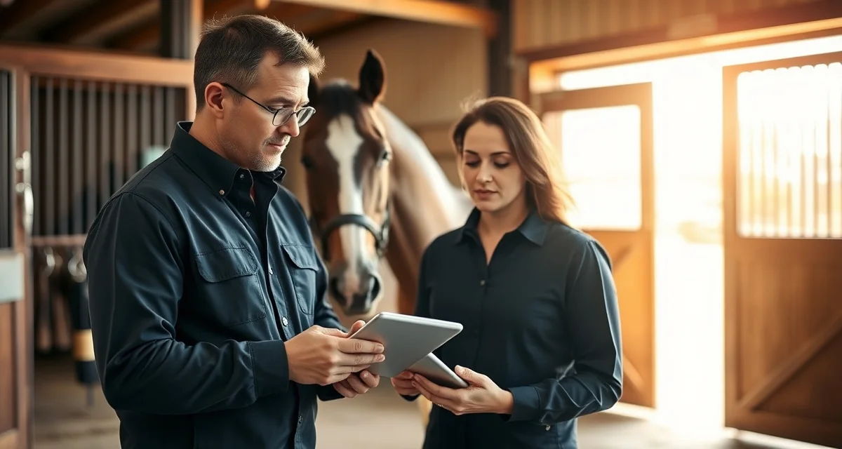 Barn manager using digital medication tracking system on tablet while managing horse care in stable environment.