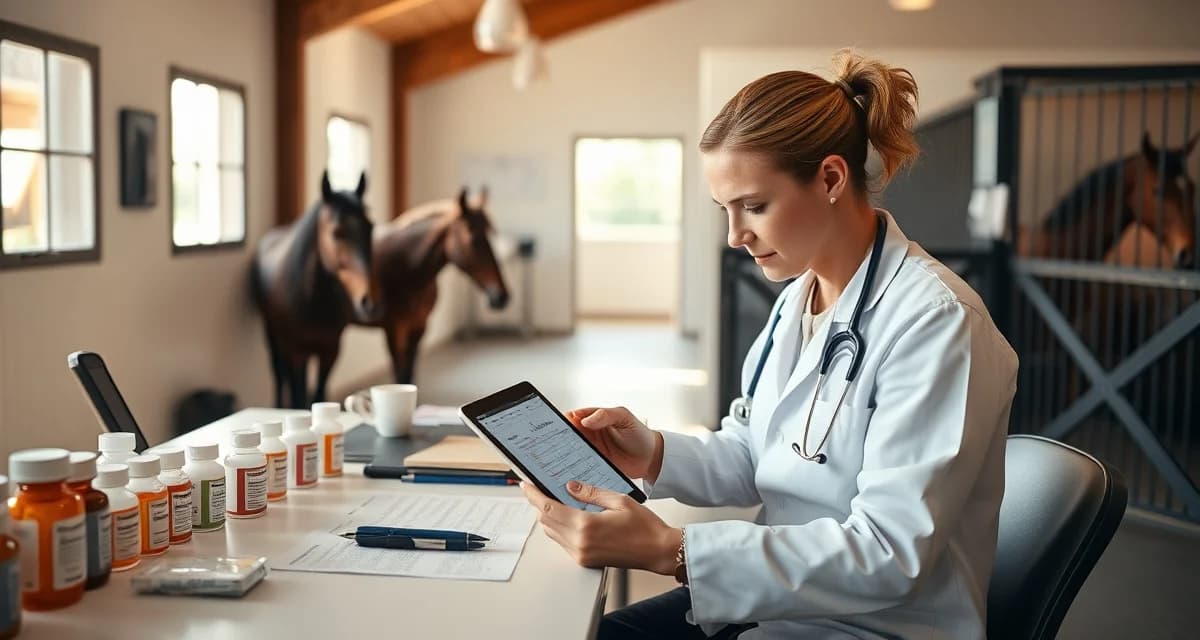 Stable manager scheduling horse medication treatments using barn management software on tablet in organized barn office setting.
