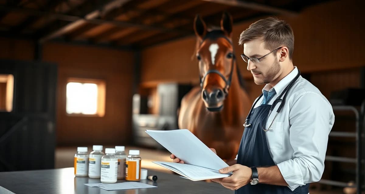 Veterinarian documenting horse medication withdrawal periods in a professional barn management system for competition compliance.