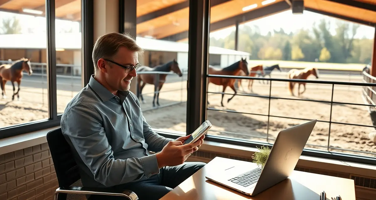 Horse barn manager using digital communication system to manage absent owner updates and barn operations efficiently
