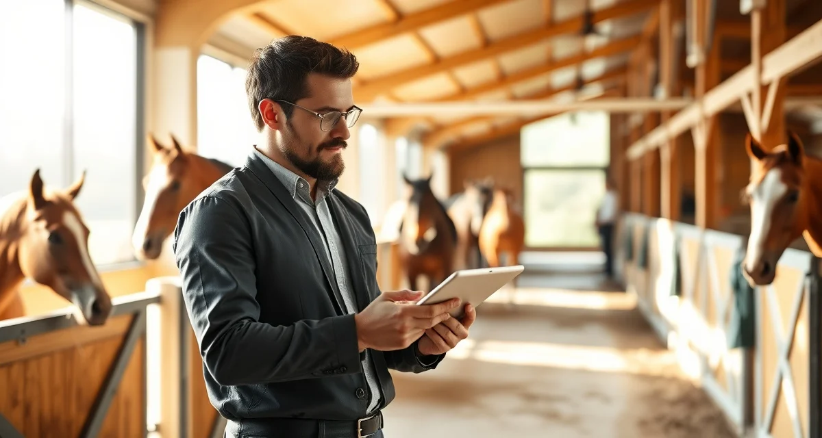 Horse barn manager using digital feedback system to communicate with boarding barn owners on tablet device