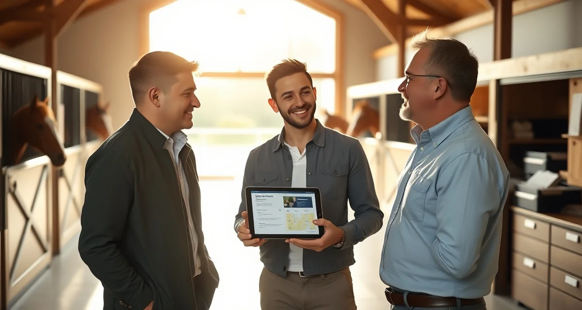 Barn manager conducting onboarding communication with new horse owner in stable office with digital portal interface visible on tablet