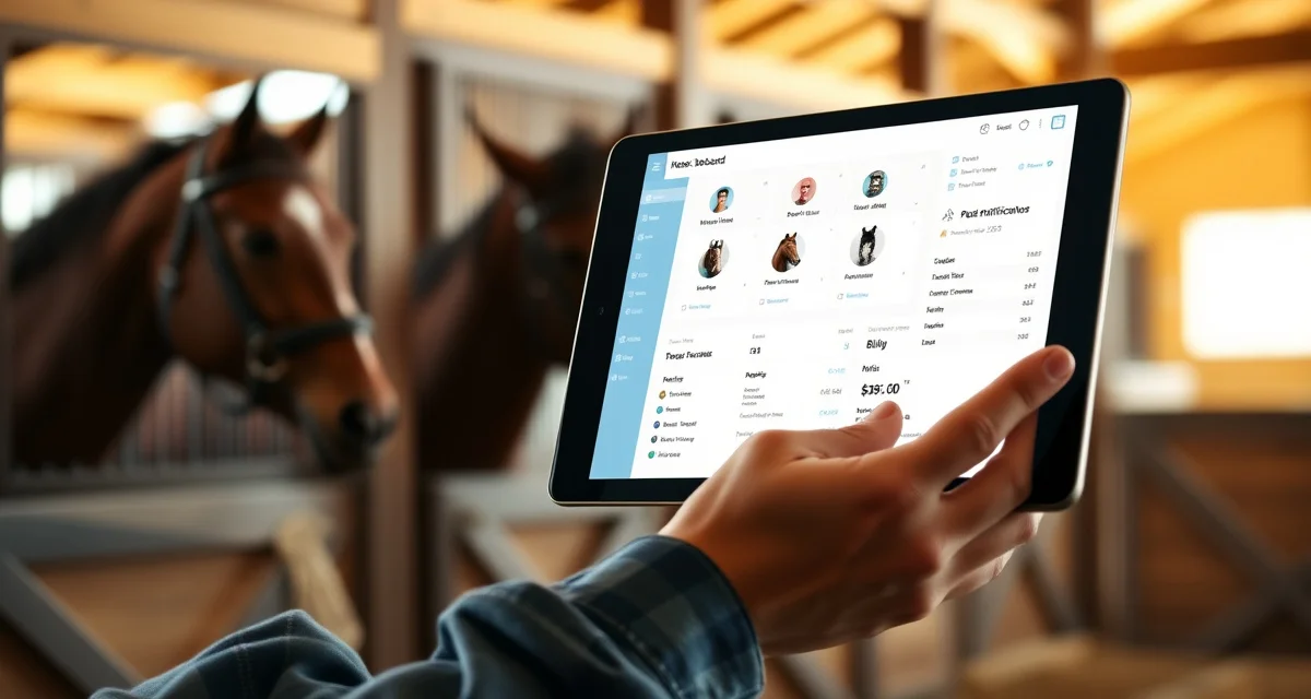 Horse barn owner portal dashboard displaying horse profiles, health notifications, and billing features on mobile device in stable setting.