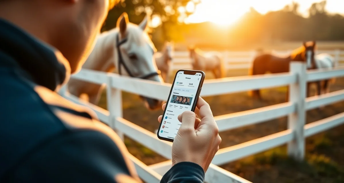Horse owner checking barn management portal on mobile phone displaying care records and health updates for boarding facility.