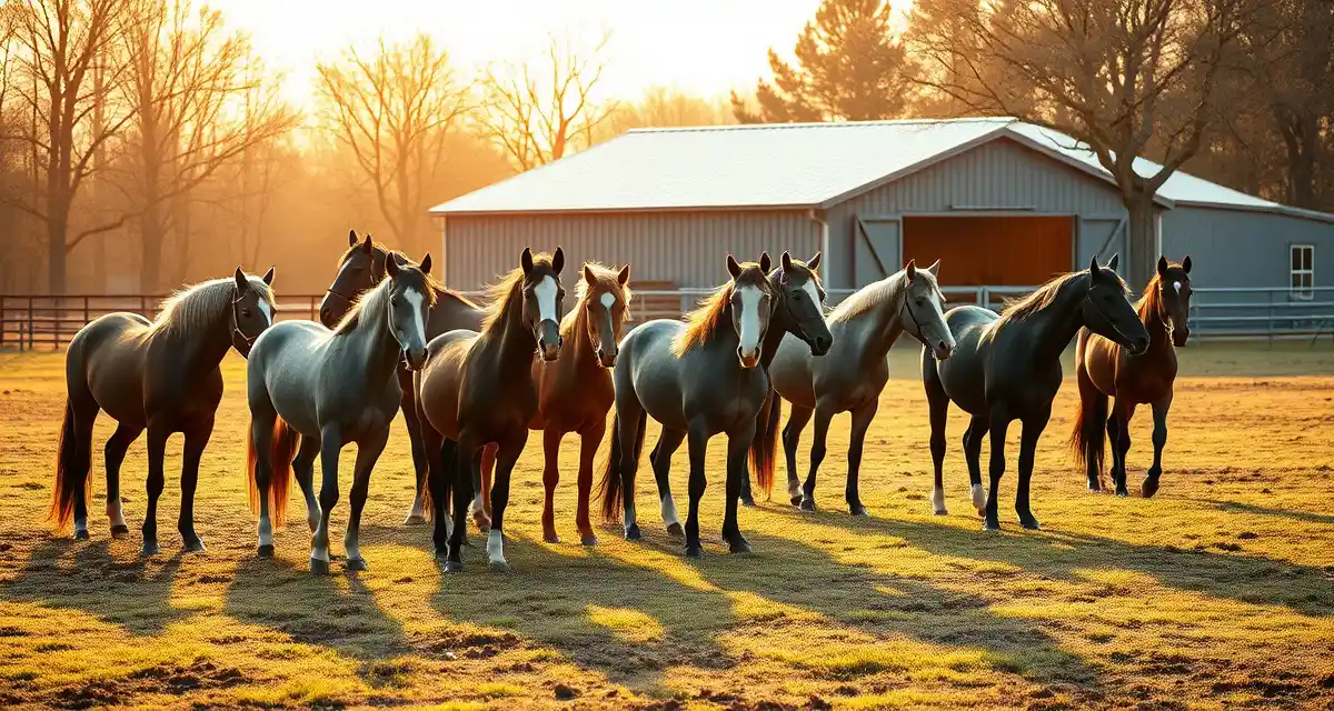 Horses grazing together in a managed pasture group turnout setup, demonstrating compatible group dynamics and proper facility constraints for equine welfare.