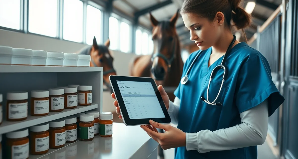 Organized horse prescription management system in barn with digital scheduling, secure storage, and veterinary authorization documentation for medication safety.