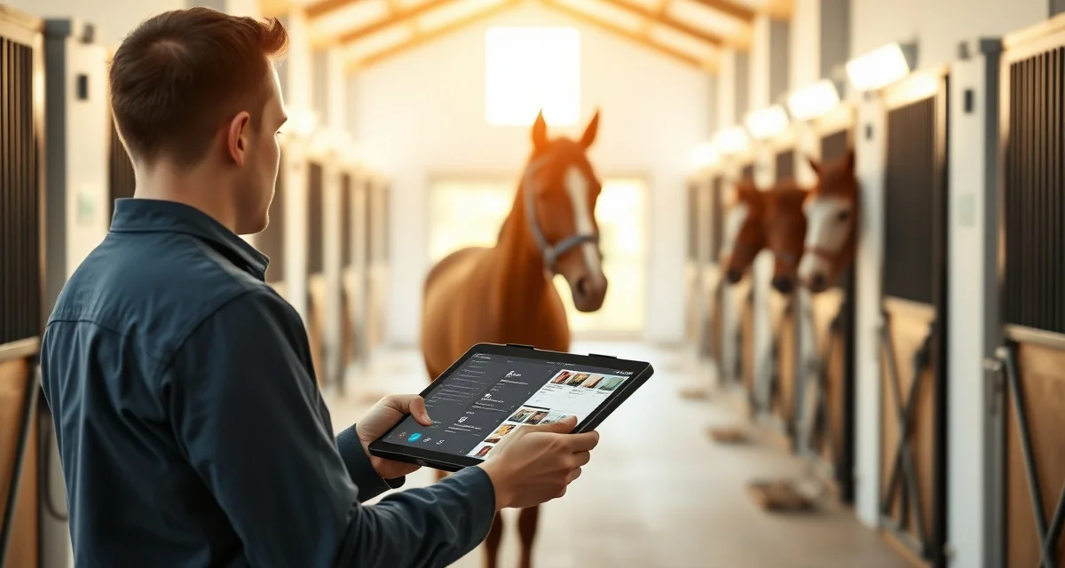 Stable manager creating comprehensive horse profiles in barn management software with digital record documentation