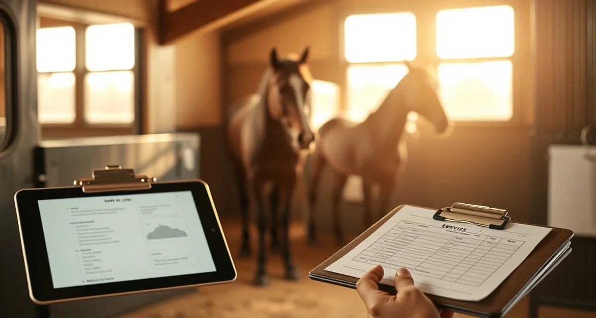 Organized horse service logs and care records displayed in a professional barn management system for tracking equine health and billing documentation.