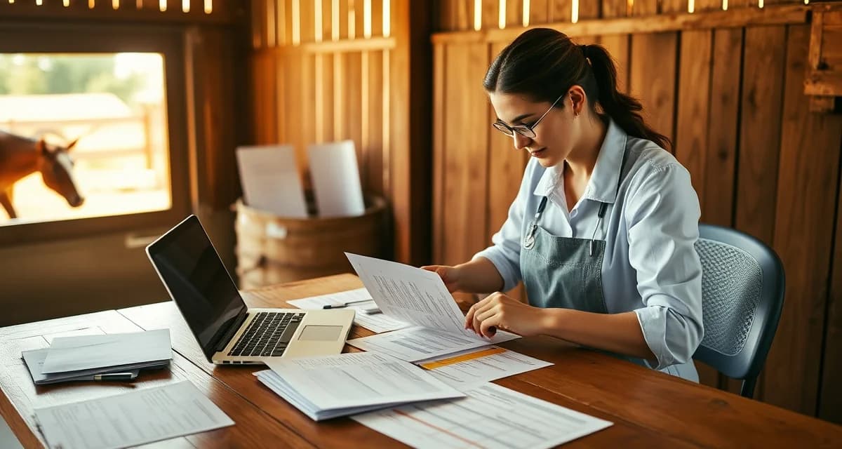Organized horse health records and vaccination certificates arranged on a desk for show season management and documentation