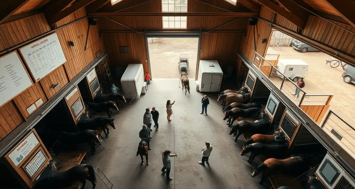 Organized horse barn during show season with staff preparing horses and coordinating logistics for weekend competitions.